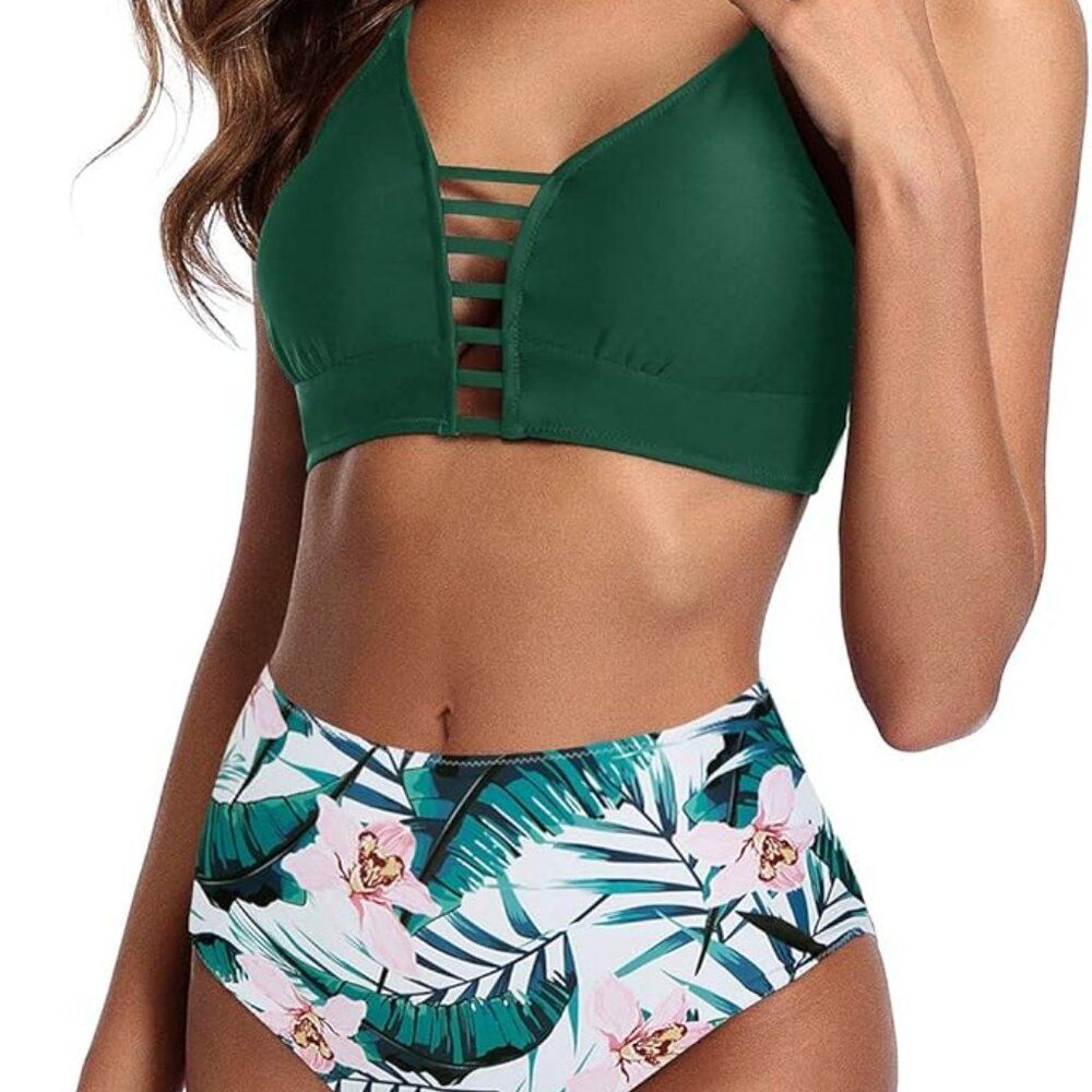 TEMPTME green floral lace up high waisted 2-piece swimsuit bikini NEW, size M - Picture 5 of 15